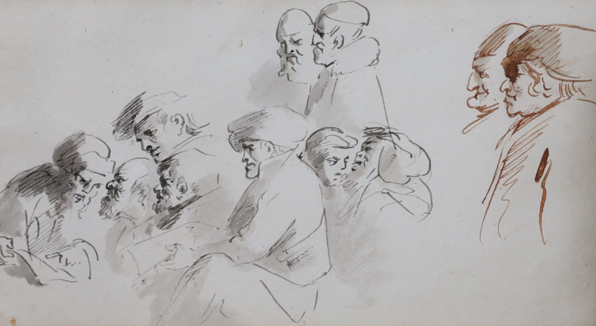 Old Master, pen and ink, Scholars in discussion, 11 x 20cm and a small 19th century watercolour, 9 x 13cm
